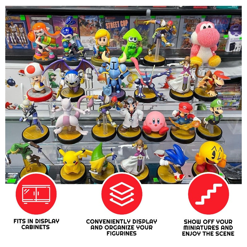 Collection of various figurines on a display stand with text indicating features.
