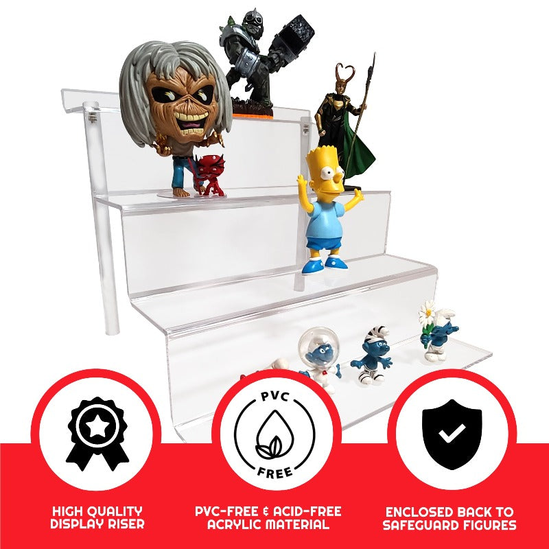 Collection of action figures on a clear display riser with promotional text about product features.