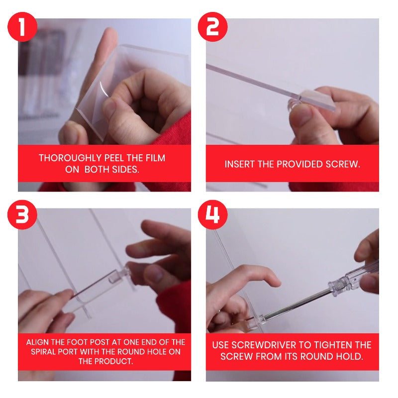 Step-by-step installation guide with hands performing tasks on a white background