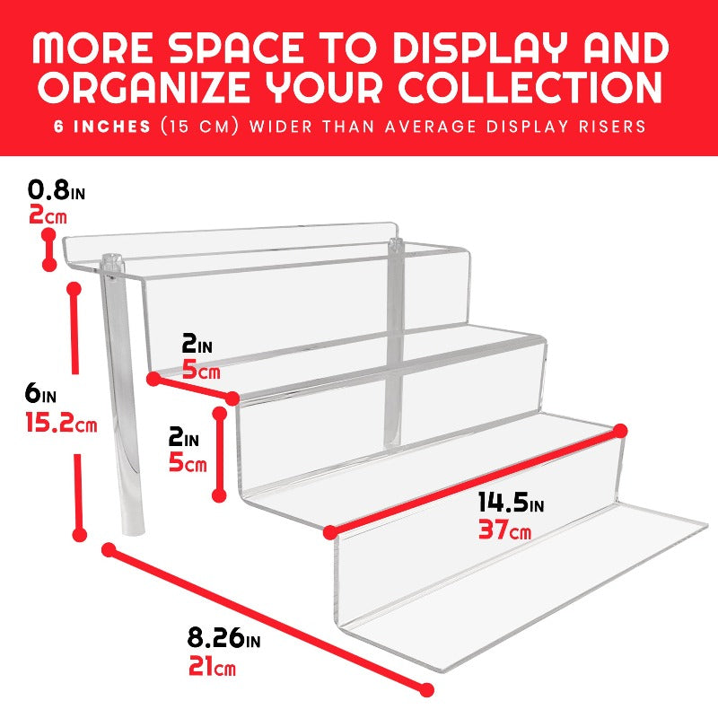 Clear display risers with dimensions and text on a red background