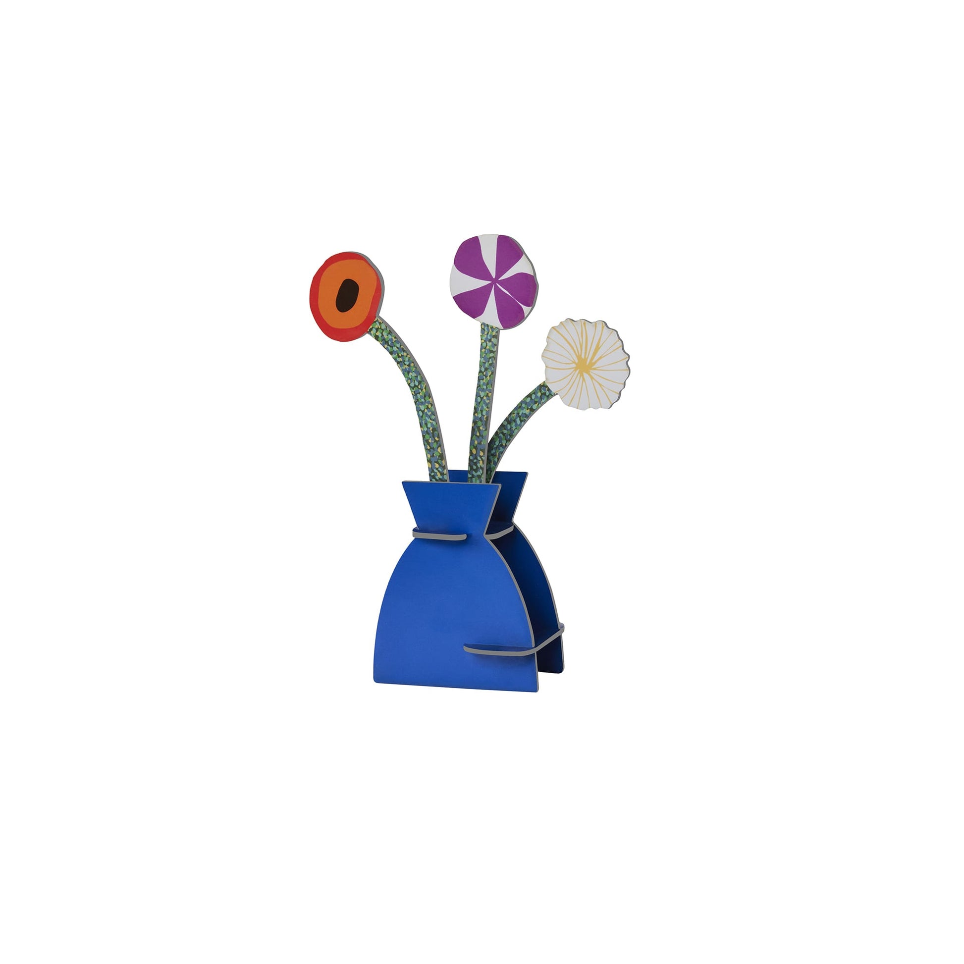 Blue vase with colorful flowers on a white background
