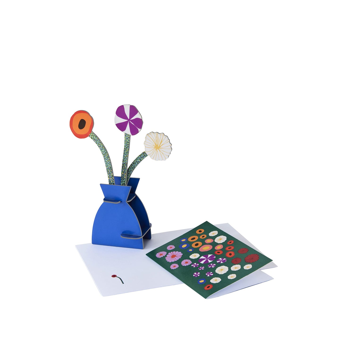 3D pop-up with flowers and a blue vase on a white background