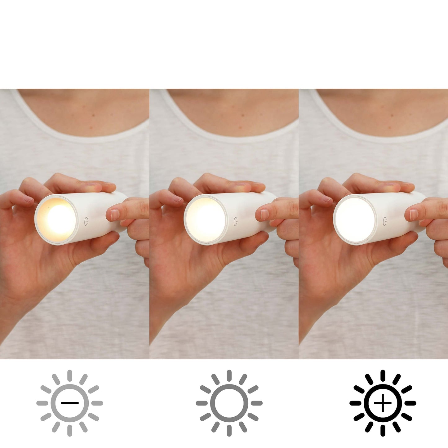 Three panels showing a hand holding a white cylindrical device with different light settings indicated by icons below.