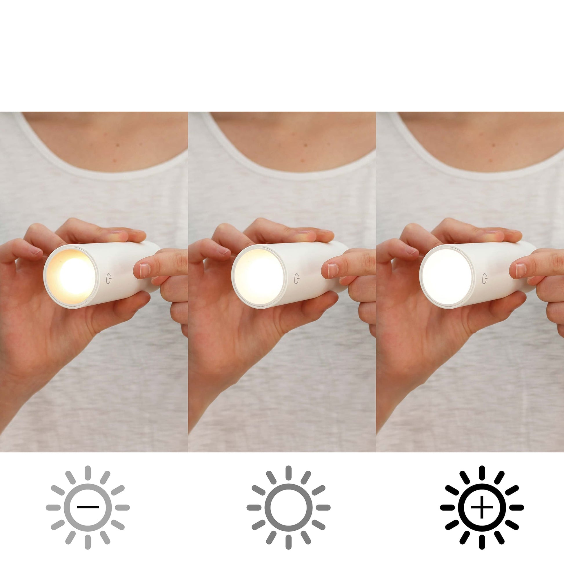 Three panels showing a hand holding a white cylindrical device with different light settings indicated by icons below.