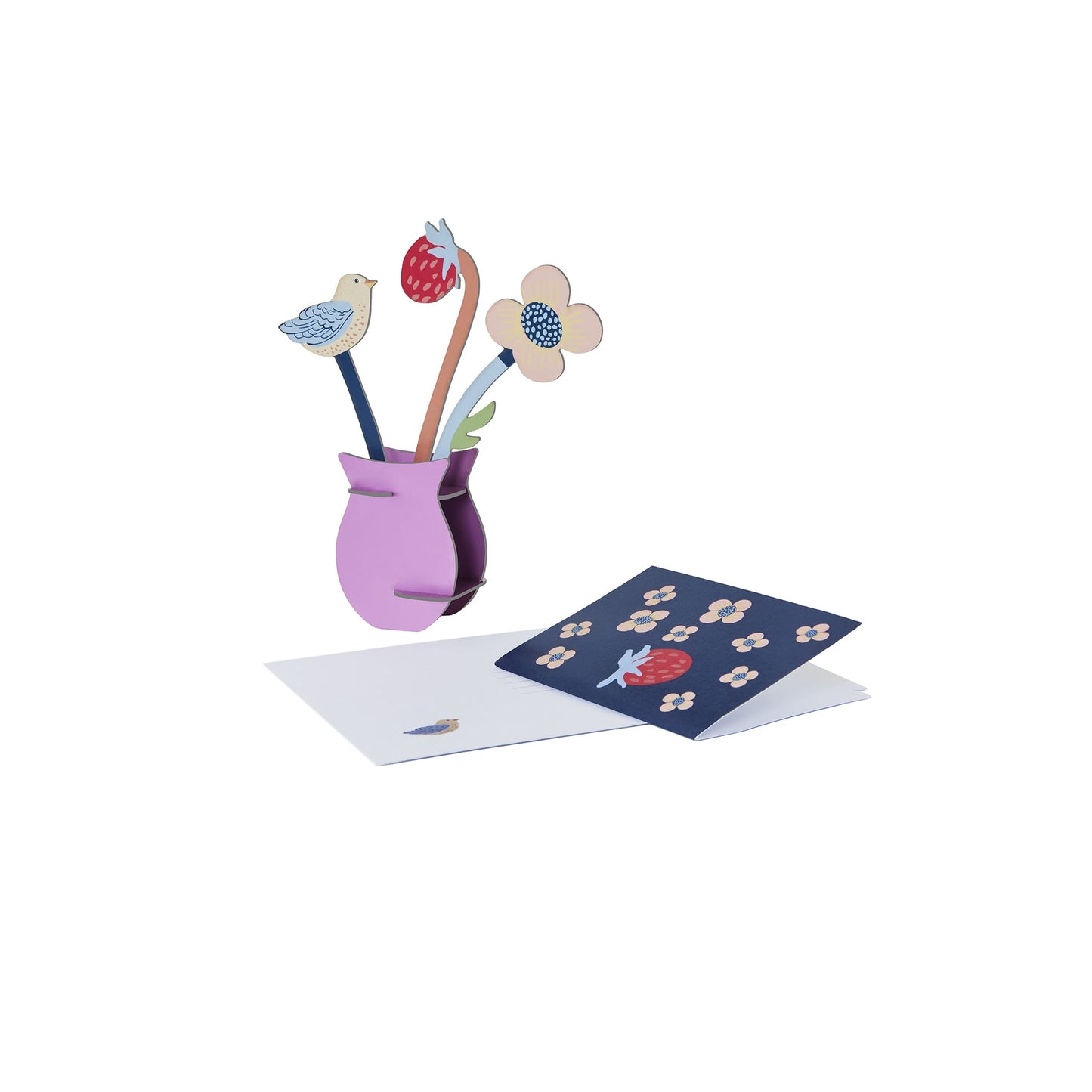 Purple vase with decorative sticks, a card, and a matching envelope on a white background