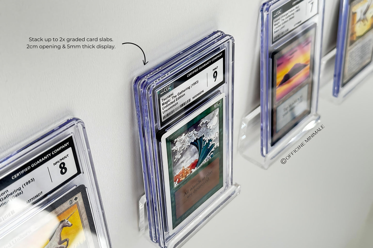 Card display case with graded cards on a white background