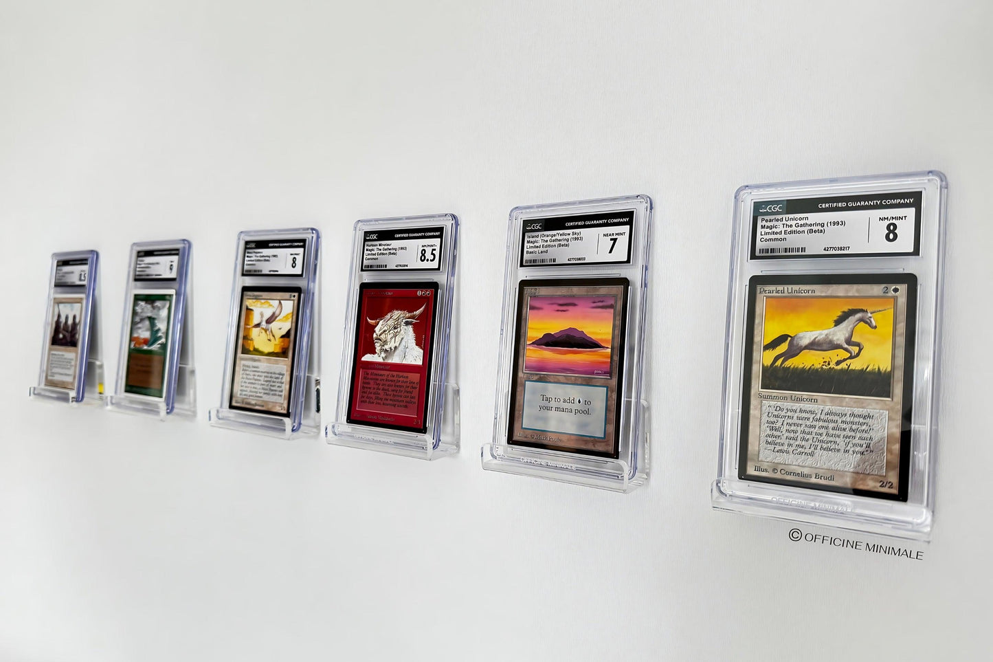 Collection of trading cards in protective cases on a white wall